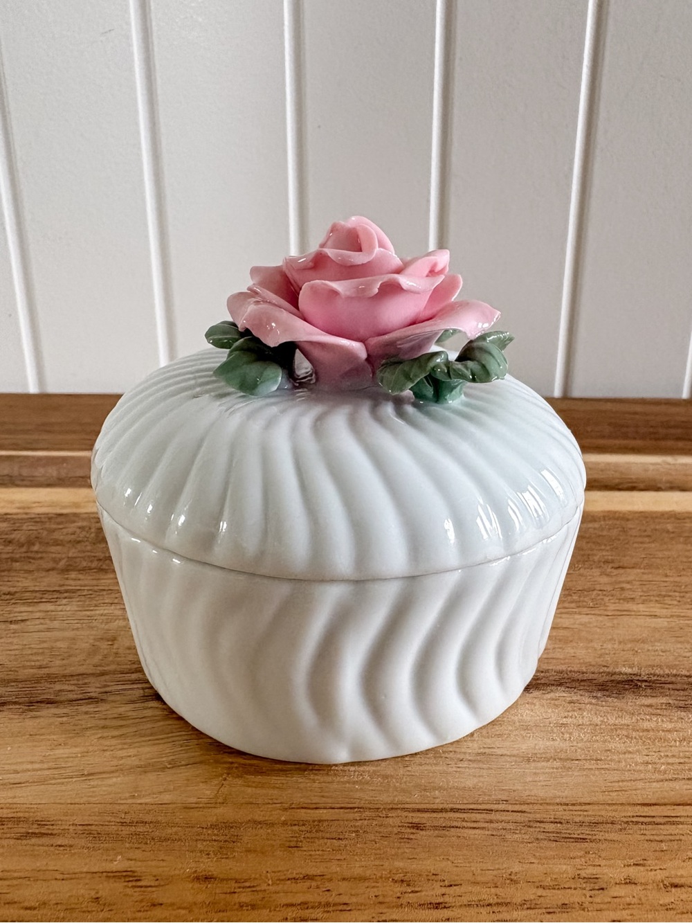 Ceramic Pink Rose Applied Flower Trinket Box Ring Dish 3.5”
